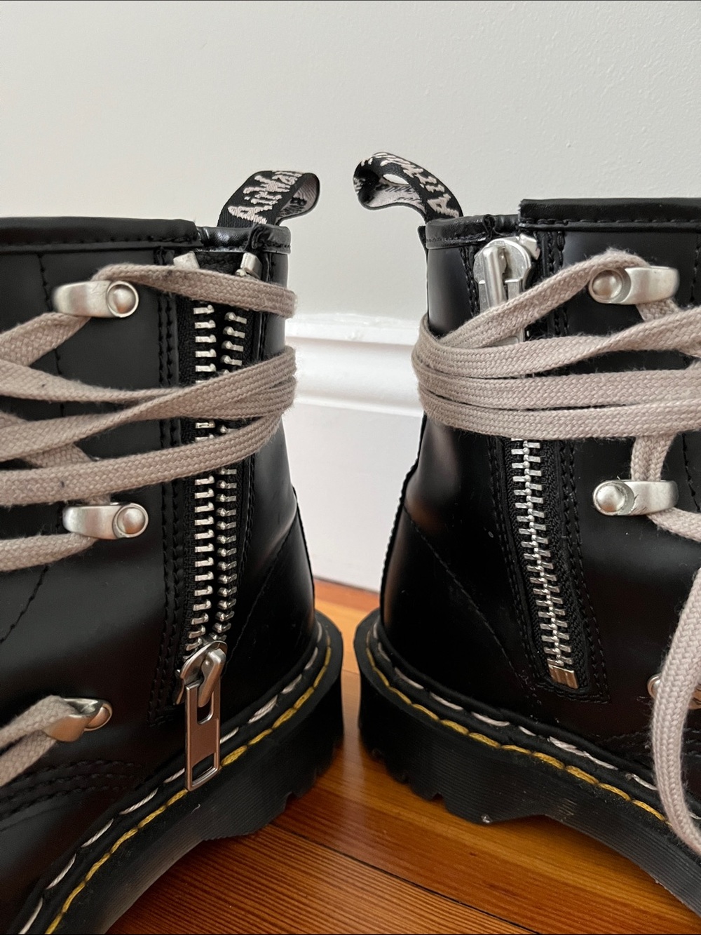 Rick Owen’s X Dr. Martens SOFT Black Leather Platform Boots with Beige Laces - Picture 5 of 5